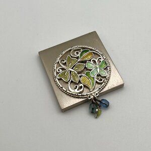 Vintage 70s Enamel Green Butterfly Compact Mirror Art Nouveau Boho Bead Charm